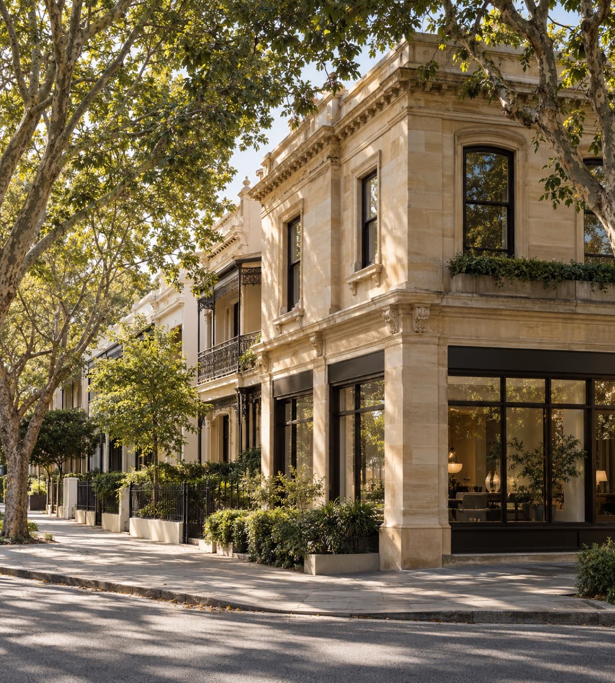 Sandstone terrace buildings on a tree-lined street