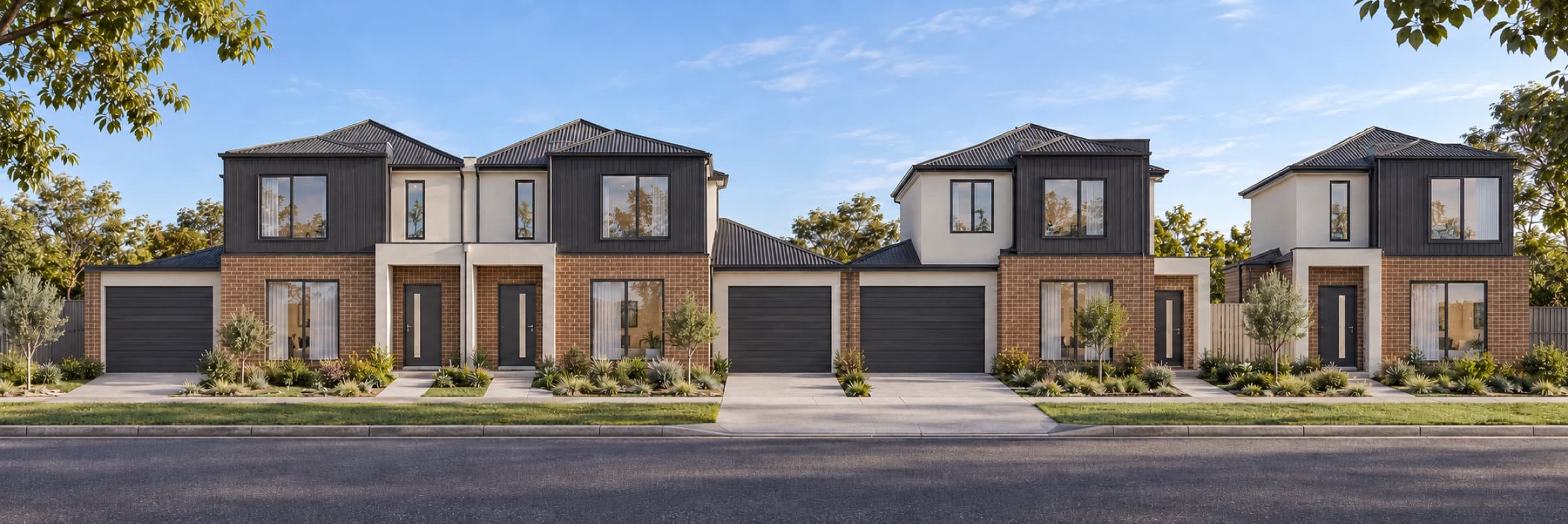 Render of four brick and charcoal townhouses at 14 Arunga Avenue